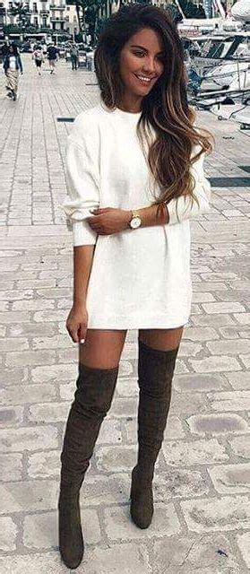 White Sweater Dress And Thigh High Boots Perfect Date Night Outfit