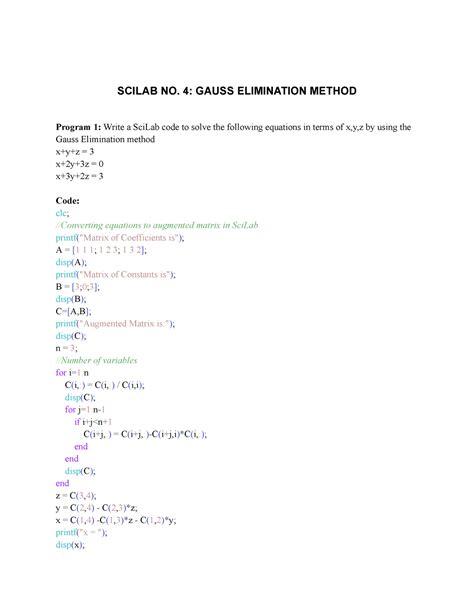 Sci Lab No 4 Gauss Elimination Lab Scilab No 4 Gauss Elimination