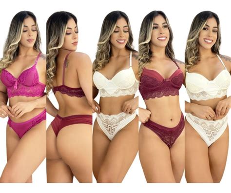 5 Conjuntos Lingerie Atacado Renda Luxo Calcinha Sutiã Bojo GRUPO VOKER