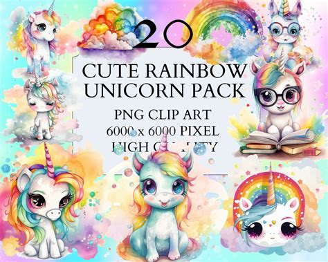 20 Cute Rainbow Unicorn Pack Clipart Png Full Commercial Etsy