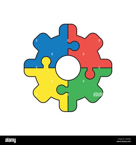 Vector Icon Concept Of Four Pieces Jigsaw Puzzle Pieces Gear Connected