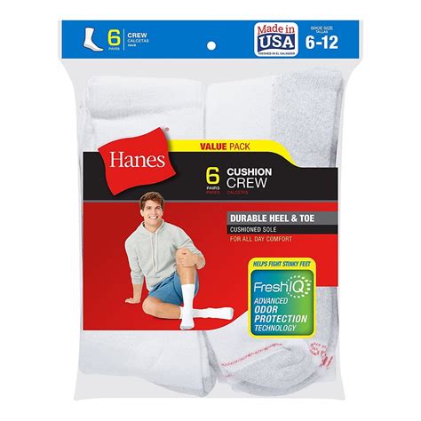 Hanes Mens Cushion Crew Socks 6 Pack