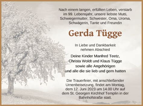 Traueranzeigen Von Gerda T Gge Trauer Nordkurier