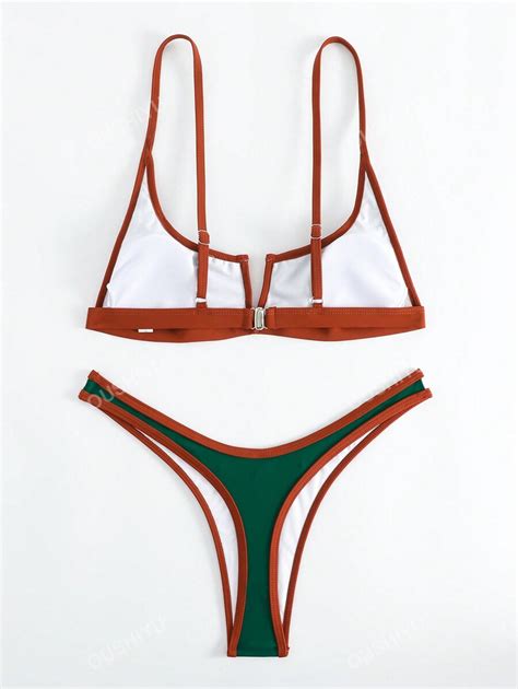 Conjunto de Maiô Bikini Esportivo Top de Alça Fina Bicolor e Calcinha Cintura Alta para
