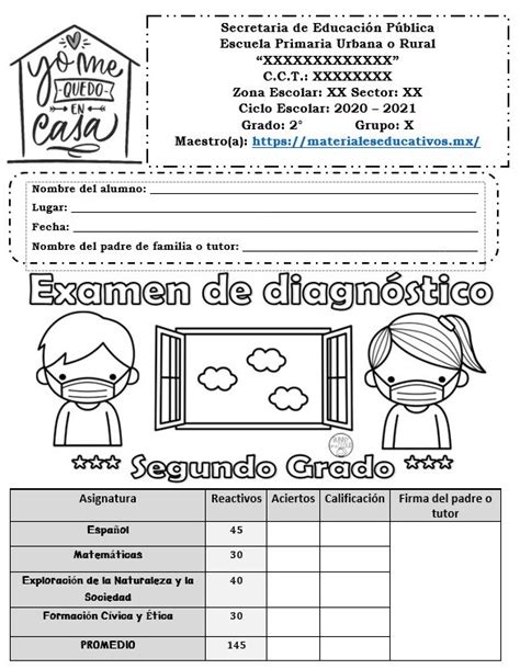 Examen De Diagnóstico Del Segundo Grado Para El Ciclo Escolar 2020 2021 Material Educativo Y