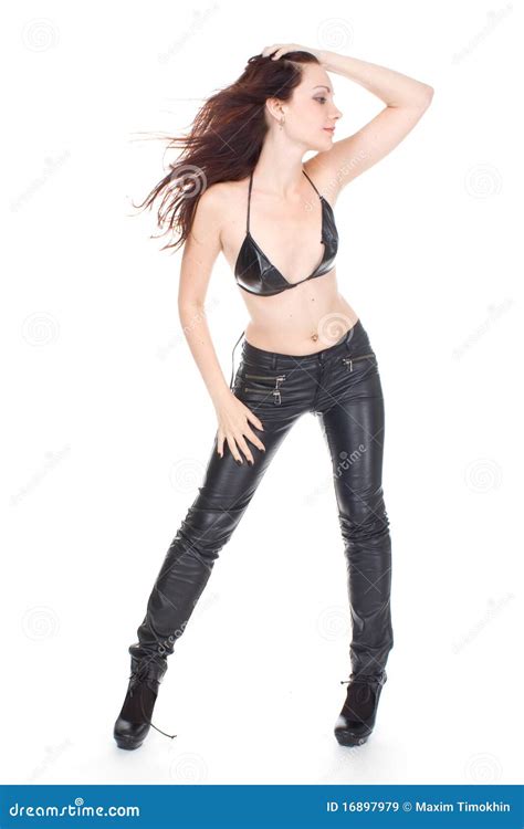 Brunette Sexy Dans Le Pantalon En Cuir Noir Image Stock Image Du Chiffre Attrayant