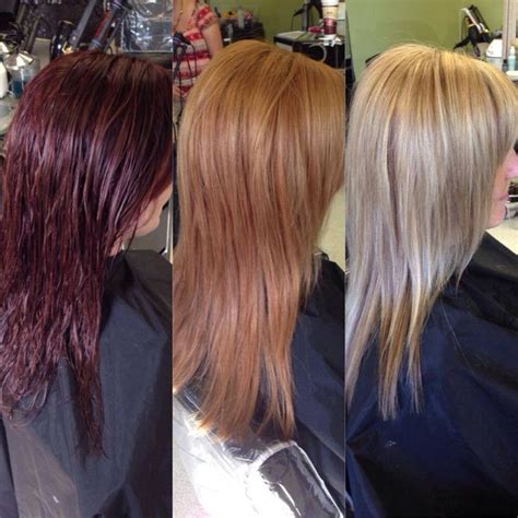 Before Middle And After Red To Blonde Hair By Trisha Red Blonde Hair