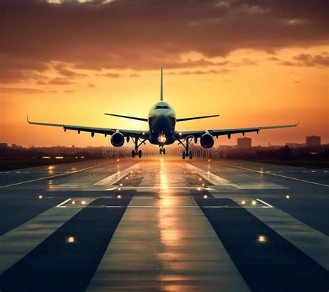 Sunset Runway Airplane With Sunset In The Background Stock