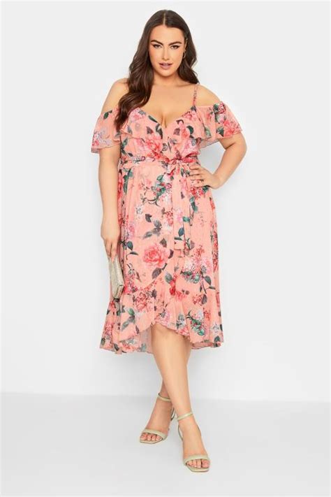 Yours London Curve Plus Size Pink Cold Shoulder Floral Wrap Dress