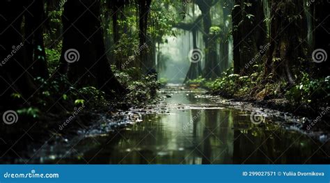 Swamp Forest With A Light Mist Quagmire In The Spring Green Forest