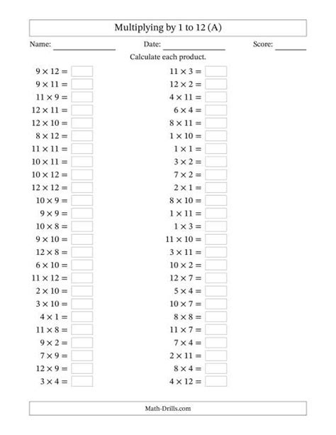 Horizontally Arranged Multiplying Up To Questions A