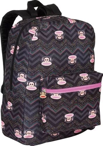 Mochila Paul Frank Juvenil Costas Roxa Com Listras G Sestini Cor Preto Desenho Do Tecido Macaco