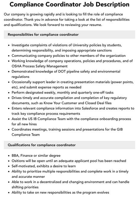 Compliance Coordinator Job Description Velvet Jobs