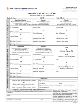 Fillable Online Shsu Immunizations And Tests Form Sam Houston State