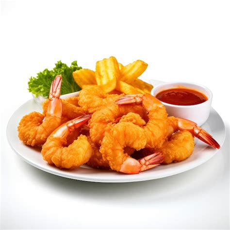 Premium Ai Image A White Plate Topped With Shrimp And French Fries