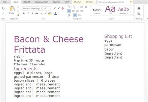 Recipe With Shopping List Template For Word