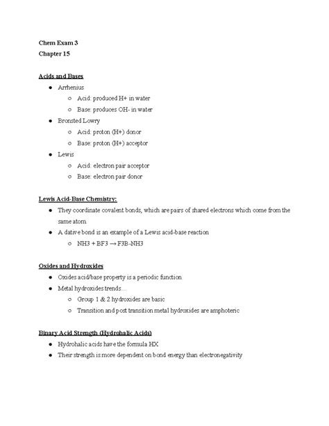 Chem Exam 3 Study Guide - Lecture Notes - Chem Exam 3 Chapter 15 Acids