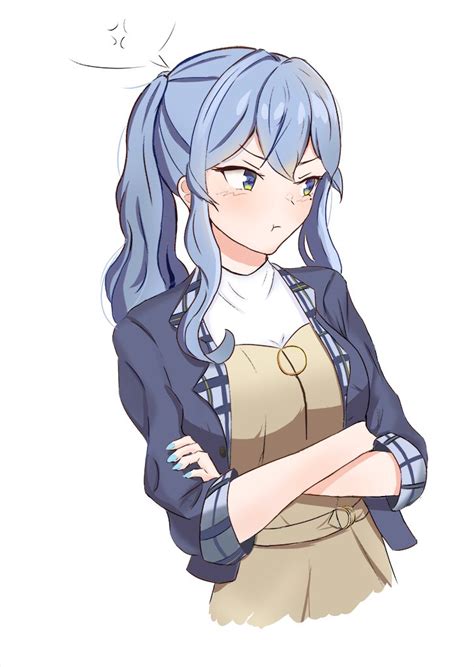 Safebooru 1girl Anger Vein Blue Hair Blue Jacket Brown Dress Crossed