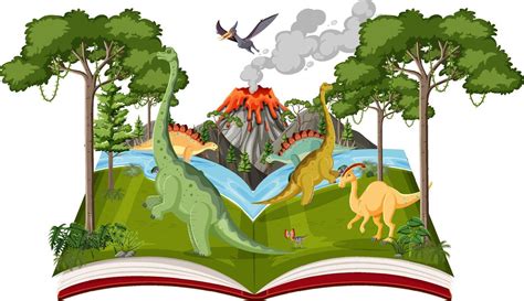 Book With Scene Of Dinosaurs In Forest Vector Art At Vecteezy