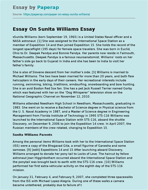 Essay On Sunita Williams Free Essay Example