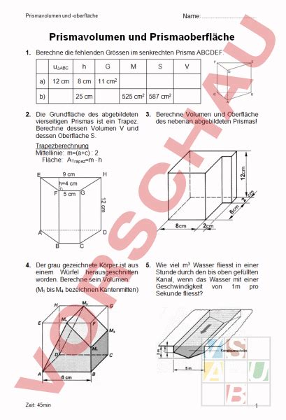 Arbeitsblatt Prüfung Senkrechte Prismen Geometrie Körper Figuren