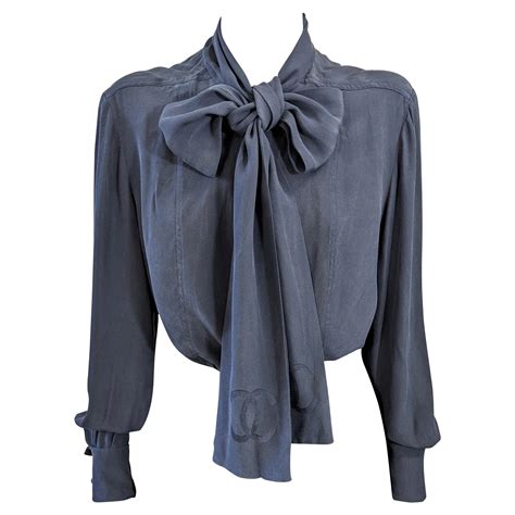 Chanel Washed Silk Pussy Bow Logo Blouse For Sale At 1stDibs