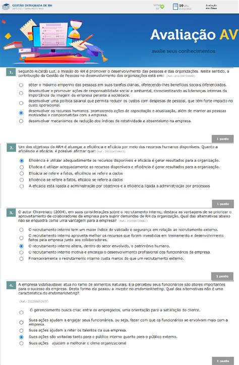 Prova AV Gestão Integrada de RH 2022 1 Estácio Gabarito 10 Pontos