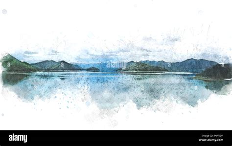 Abstract Mountain hill and river lake watercolor painting background ...