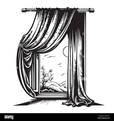 Window With Curtains Hand Drawn Sketch In Doodle Style Illustration