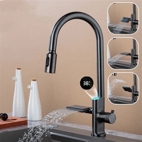 Waterfall Temperature Sensor Digital Display Kitchen Faucet Pull Out