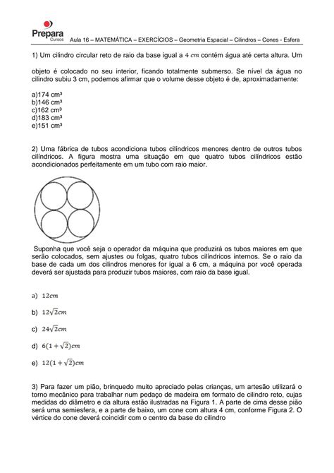 SOLUTION Aula 16 Matematica Exercicios Geometria Espacial Cilindros