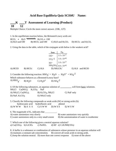 Kb And Ka Quiz Acid Base Equilibrium Quiz Grade 12 Chemistry Quiz With