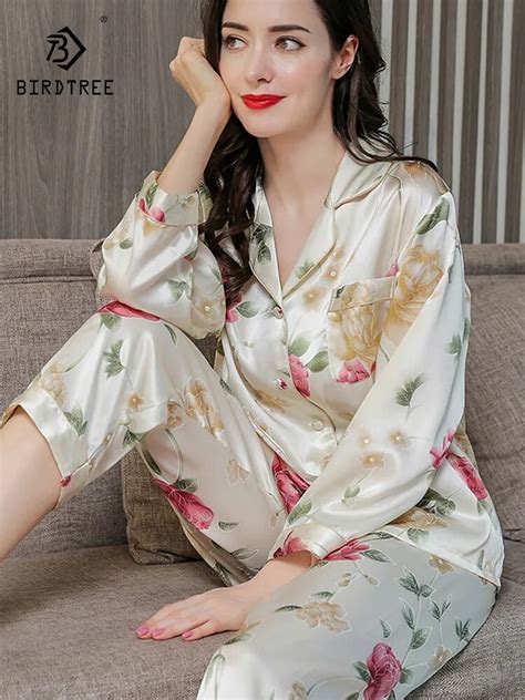 Birdtree Fall Real Mulberry Silk Pajamas Set Women Satin Print