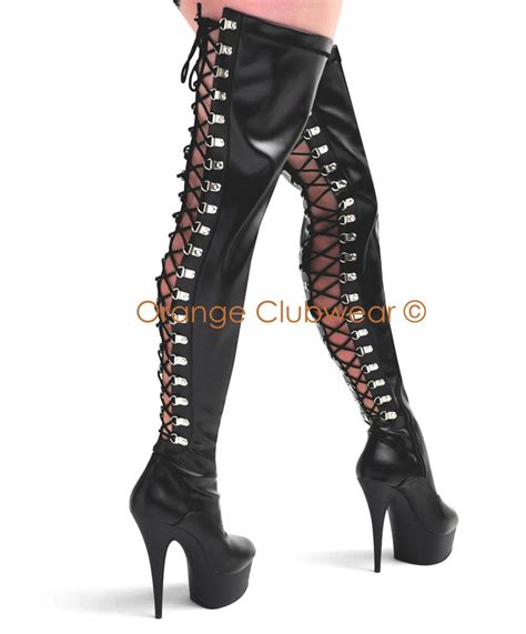 Pleaser Delight 3063 Thigh High Black Stripper Rear Lace Boots 6 High Heels Ebay