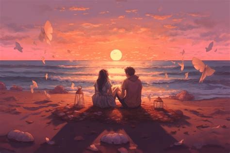 Premium Photo Painting Of Two People Sitting On A Beach Watching The