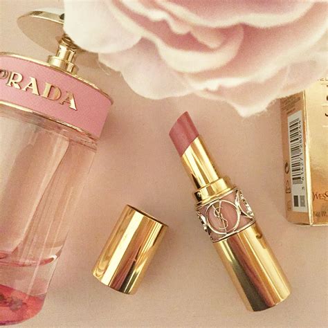 Ysl rouge volupté shine lipstick in nude lavaalliére with prada candy