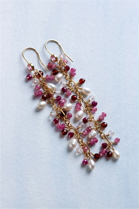 Pink Gemstone Pearl Earrings 14k Gold Filled Crystal Gemstone Etsy