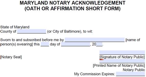 Free Maryland Notarial Certificate - Oath or Affirmation (Short Form ...