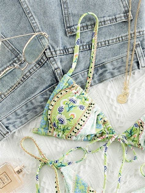 Emmiol Free Shipping Ethnic Floral Lace Up Bikini Set Sorbet Lime