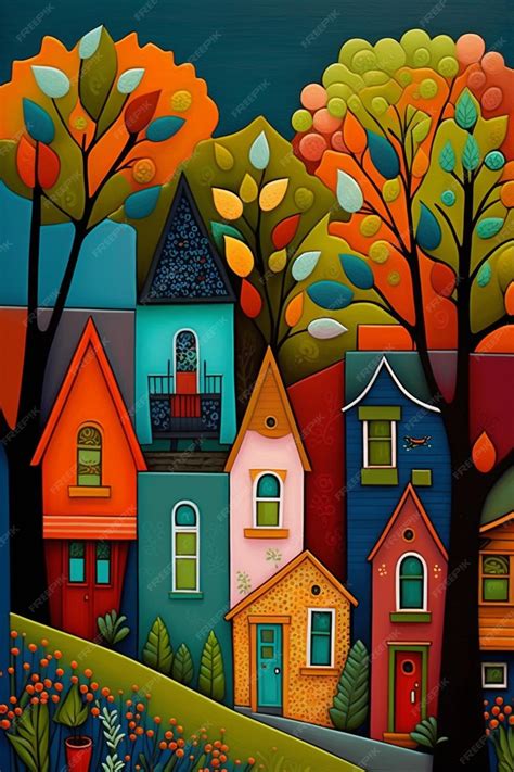 Premium AI Image | A painting of a colorful town with trees in the background.