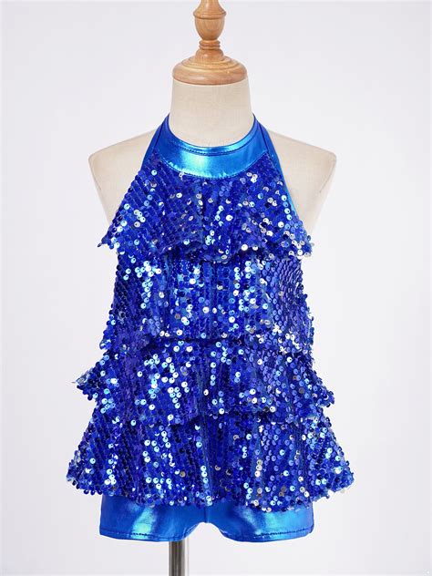 Yuumin Girls Sequins Latin Jazz Dance Dress Halter Ruffles Biketard