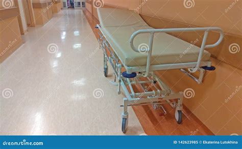 Gurney Or Wheeled Stretcher At Hospital Corridor Long Corridor In