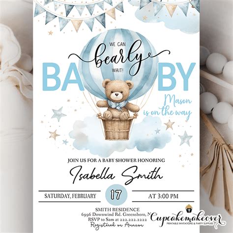 Hot Air Balloon Teddy Bear Baby Shower Invitations Boy - Cupcakemakeover