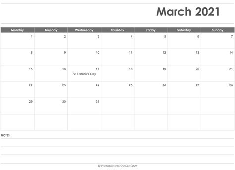 Editable March 2021 Calendar