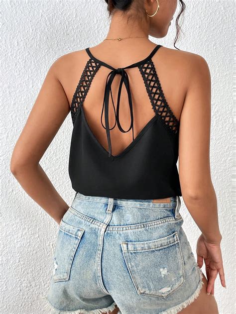 Shein Frenchy Top Halter Con Encaje En Contraste Con Cord N Trasero