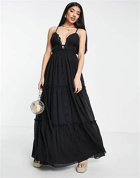 Asos Design Button Through Tiered Maxi Dress With Lace Trim Detail In