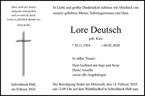 Traueranzeigen Von Lore Deutsch S Dwest Presse Trauer