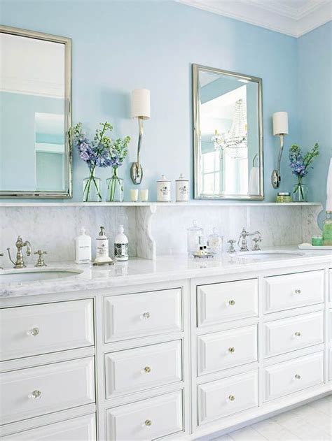 Traditional Bathroom Ideas with Blue Walls and White Cabinets