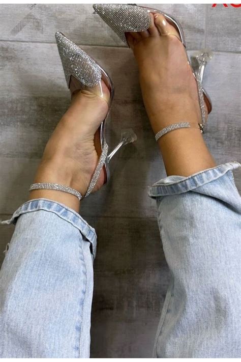 TrendyAnka Lady Gümüş Şeffaf Nude Kalp Kristal Taşlı 8 Cm Şeffaf Kadeh Topuklu Düğün Nişan Abiye