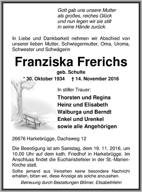 Traueranzeigen Von Franziska Frerichs Nordwest Trauer De